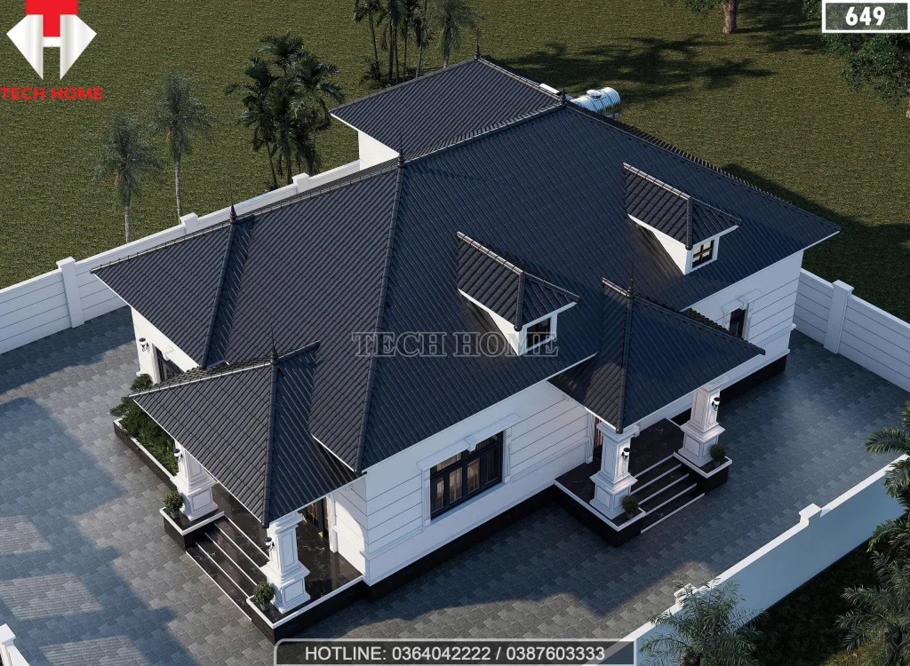 Tổng thể hệ mái Nhật màu xanh than của mẫu nhà vườn 1 tầng diện tích 195m2.