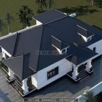 Tổng thể hệ mái Nhật màu xanh than của mẫu nhà vườn 1 tầng diện tích 195m2.