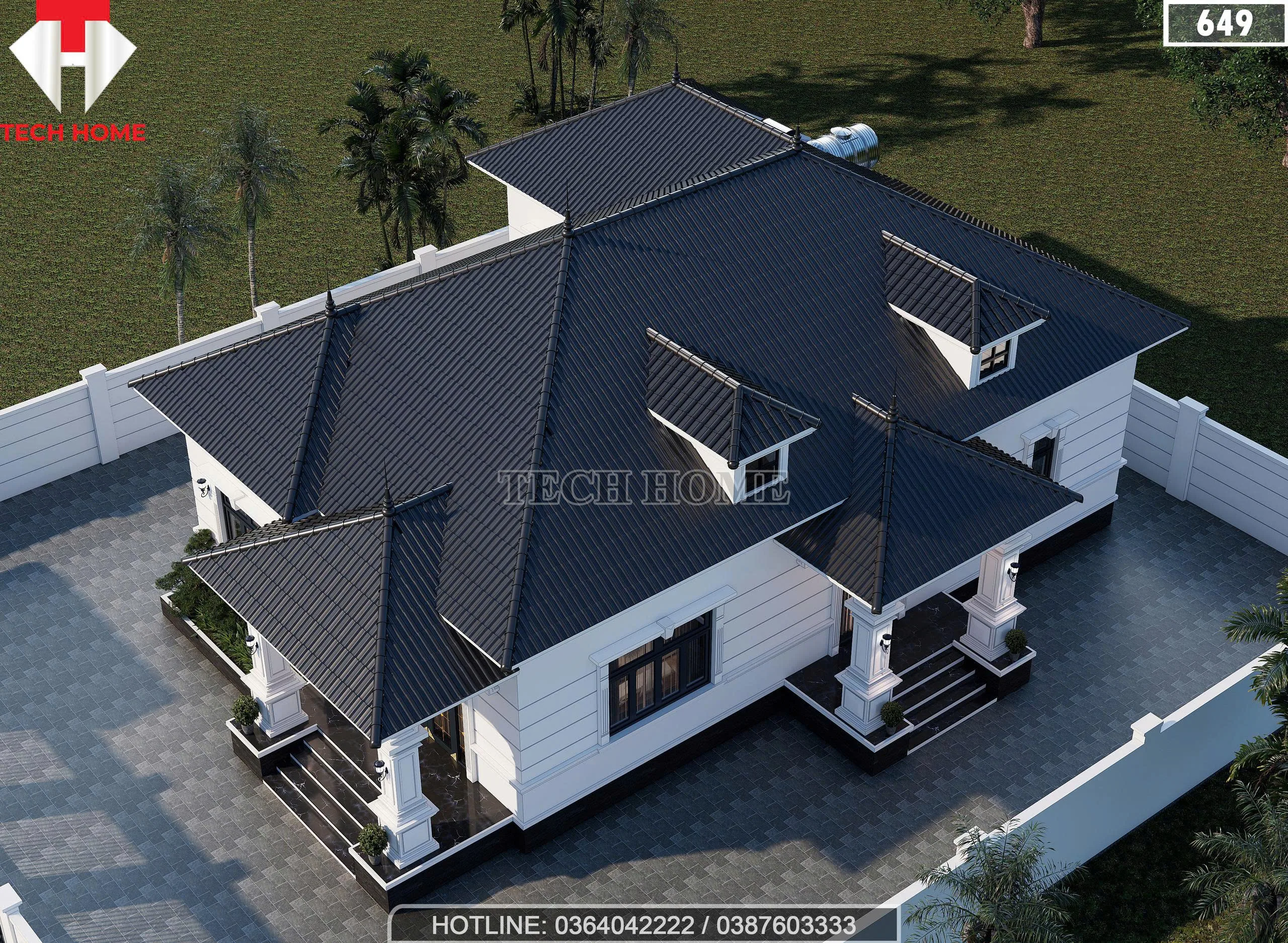 Tổng thể hệ mái Nhật màu xanh than của mẫu nhà vườn 1 tầng diện tích 195m2.