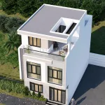 Tổng thể mẫu nhà 2 tầng 1 tum hiện đại nhìn từ trên cao với sân chơi và sân phơi rộng.