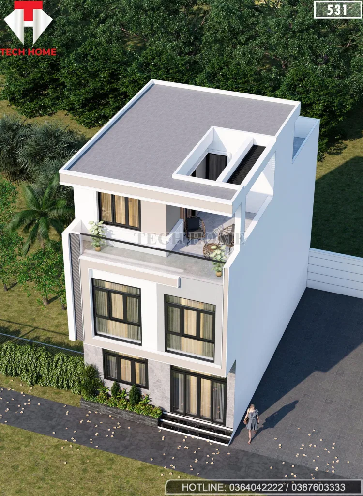 Tổng thể mẫu nhà 2 tầng 1 tum hiện đại nhìn từ trên cao với sân chơi và sân phơi rộng.