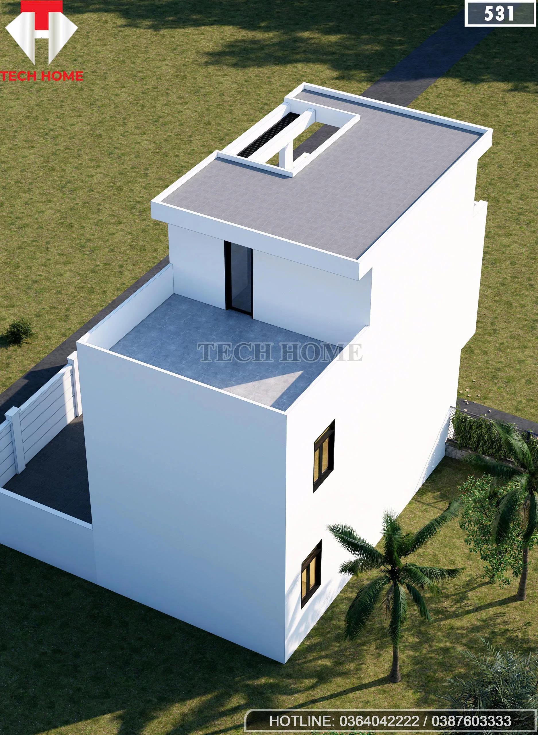 Tổng thể mặt sau mẫu nhà 2 tầng 1 tum hiện đại