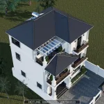 Tổng thể mẫu nhà 2 tầng 1 tum mái Nhật lợp ngói màu xanh than có sân chơi rộng rãi trên tầng tum.