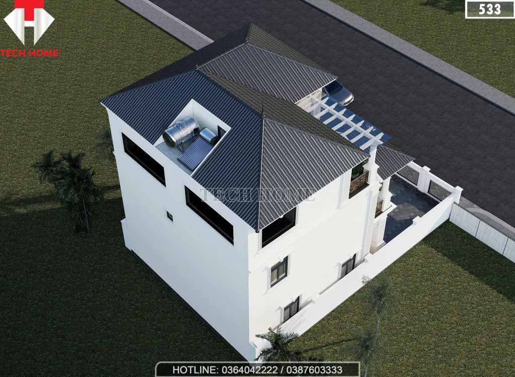 Tổng thể mẫu nhà 2 tầng 1 tum mái Nhật