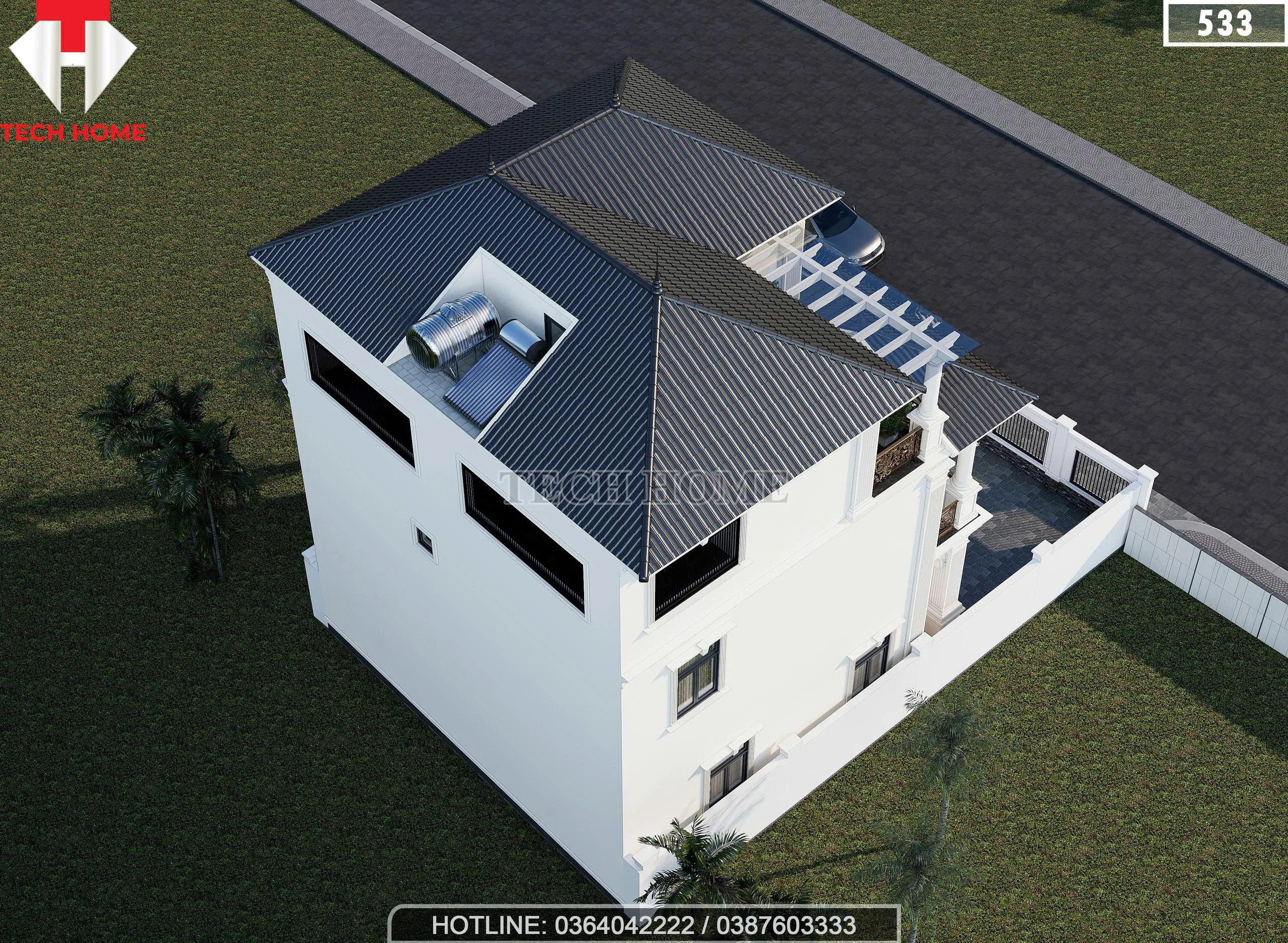 Tổng thể mẫu nhà 2 tầng 1 tum mái Nhật 