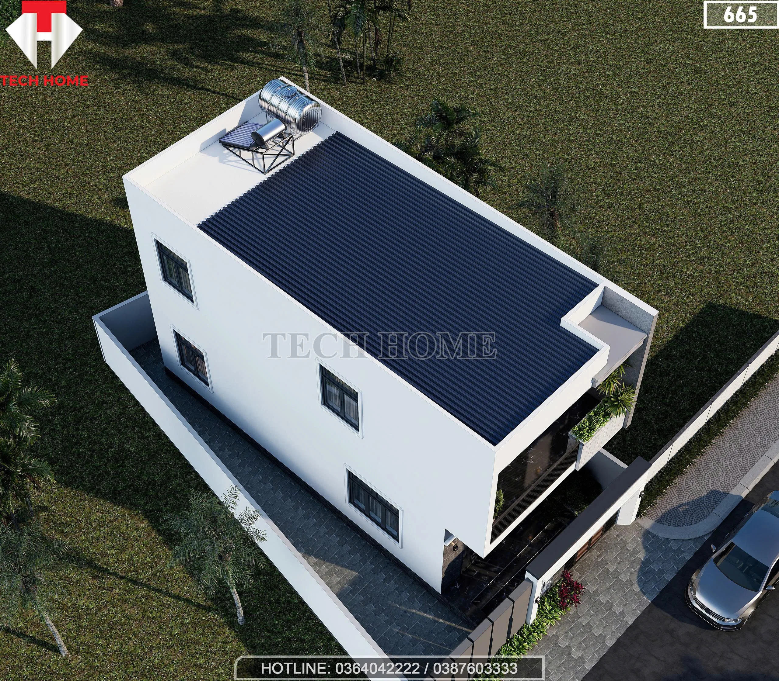 Góc nghiêng mẫu nhà 2 tầng đẹp thiết kế mái bằng có chống nóng và hệ thống thái dương năng.