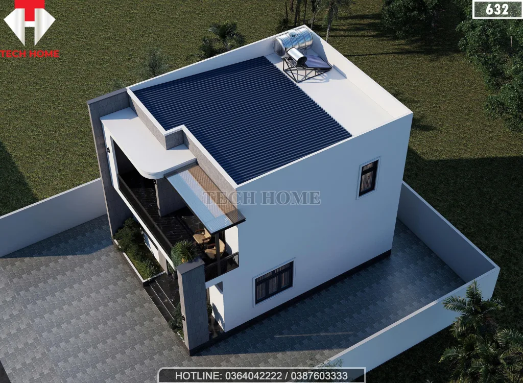 Tổng thể mẫu nhà 2 tầng đẹp thiết kế mái bằng có sân chơi và hệ thống chống nóng thông minh.