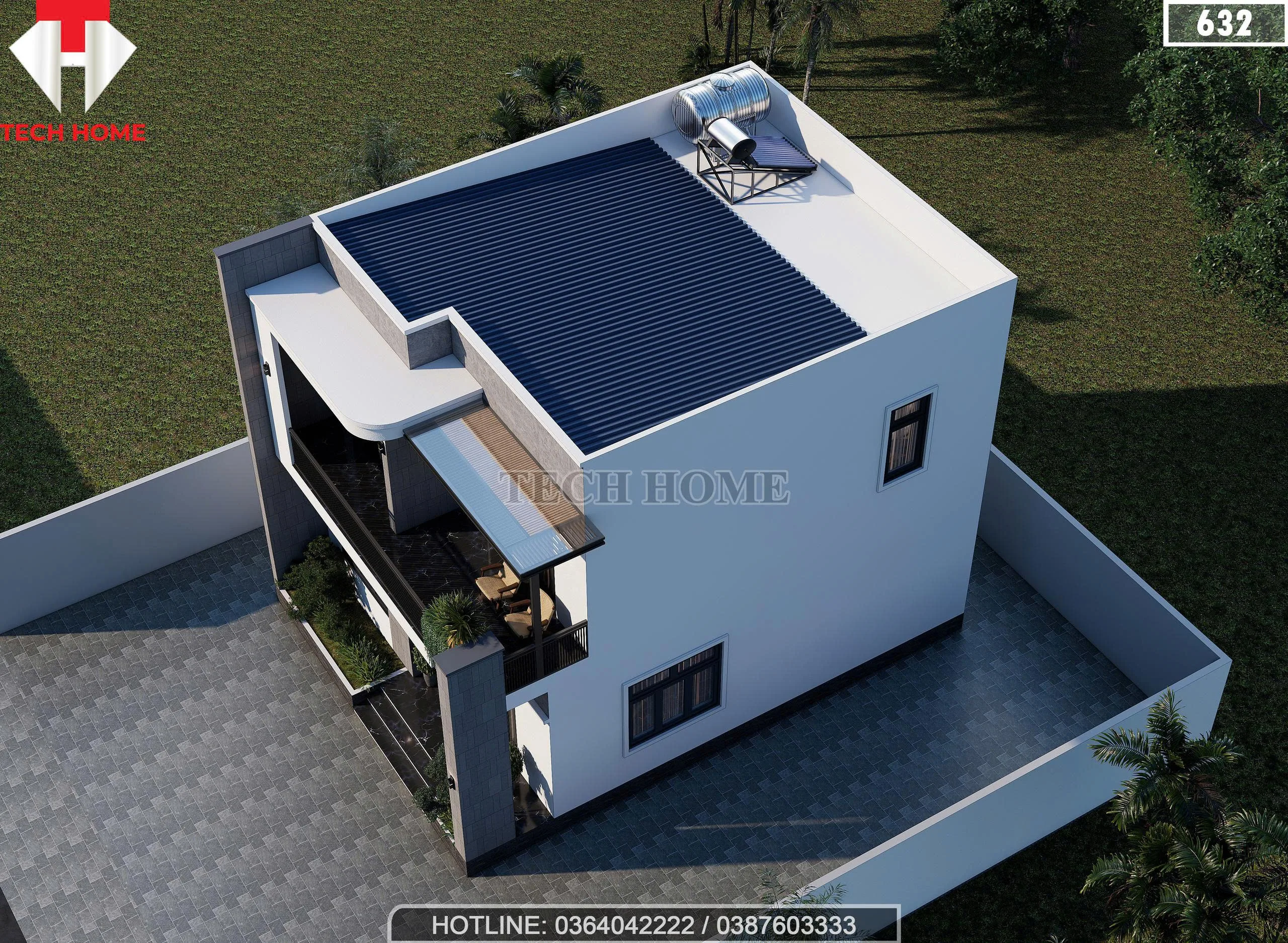 Tổng thể mẫu nhà 2 tầng đẹp thiết kế mái bằng có sân chơi và hệ thống chống nóng thông minh.
