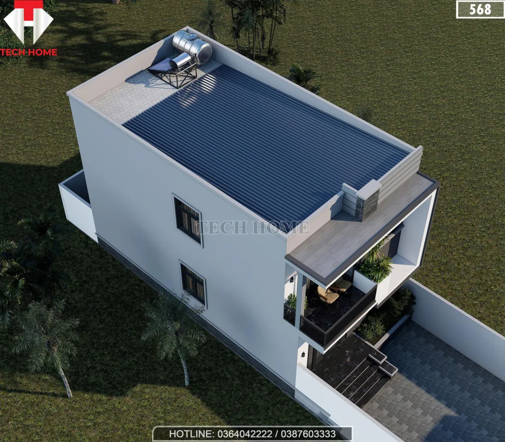 Tổng thể mẫu nhà 2 tầng đẹp mái bằng lợp tôn chống nóng hiệu quả.