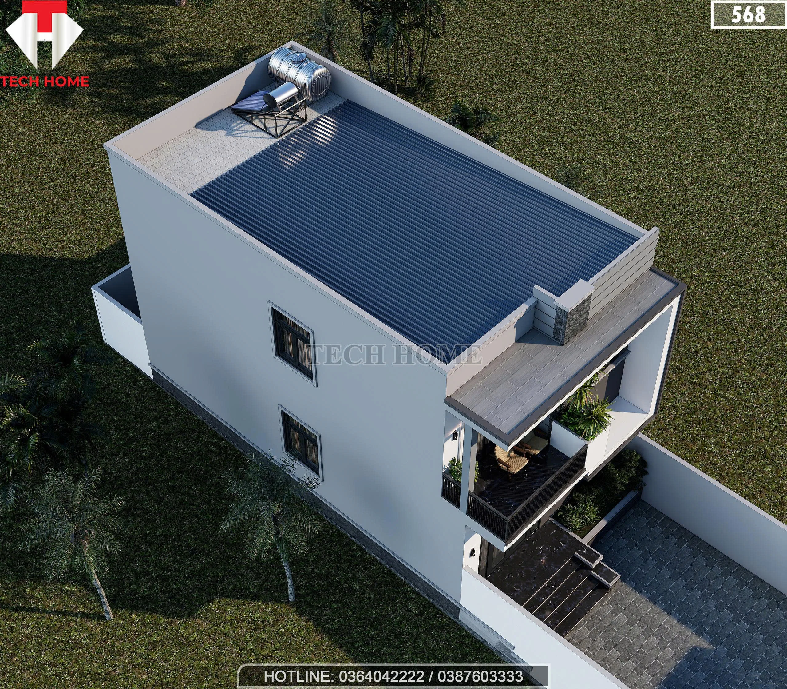 Tổng thể mẫu nhà 2 tầng đẹp mái bằng lợp tôn chống nóng hiệu quả.