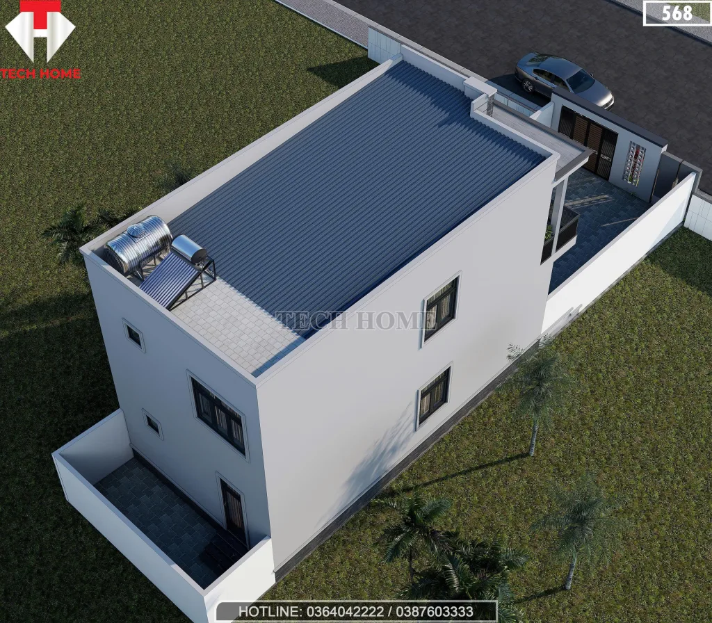 Tổng thể mẫu nhà 2 tầng đẹp mái bằng lợp tôn chống nóng hiệu quả.