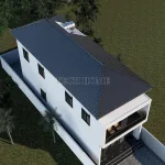 Tổng thể mẫu nhà 2 tầng mái Nhật hiện đại lợp ngói màu xanh than bề thế nhìn từ trên cao.