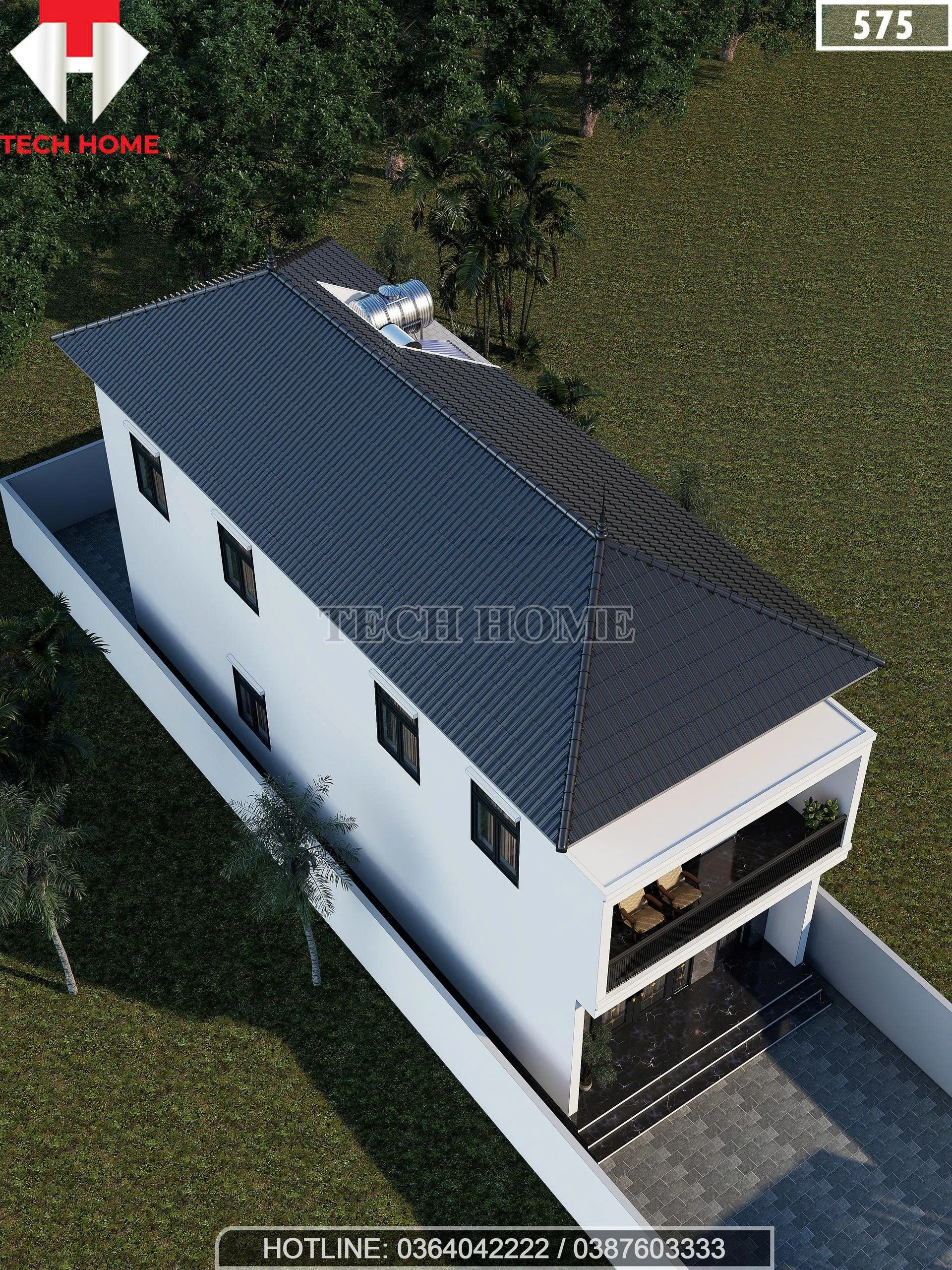 Tổng thể mẫu nhà 2 tầng mái Nhật hiện đại lợp ngói màu xanh than bề thế nhìn từ trên cao.