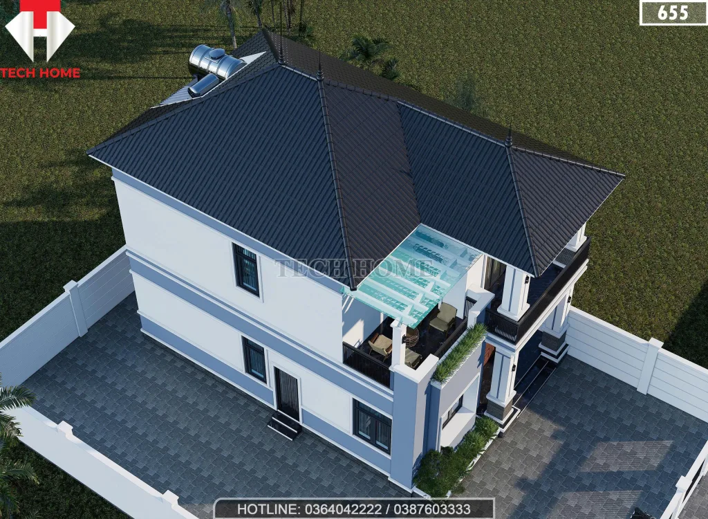 Tổng thể mẫu nhà 2 tầng mái Nhật lợp ngói màu xanh than sang trọng nhìn từ trên cao.