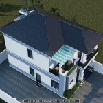 Tổng thể mẫu nhà 2 tầng mái Nhật lợp ngói màu xanh than sang trọng nhìn từ trên cao.