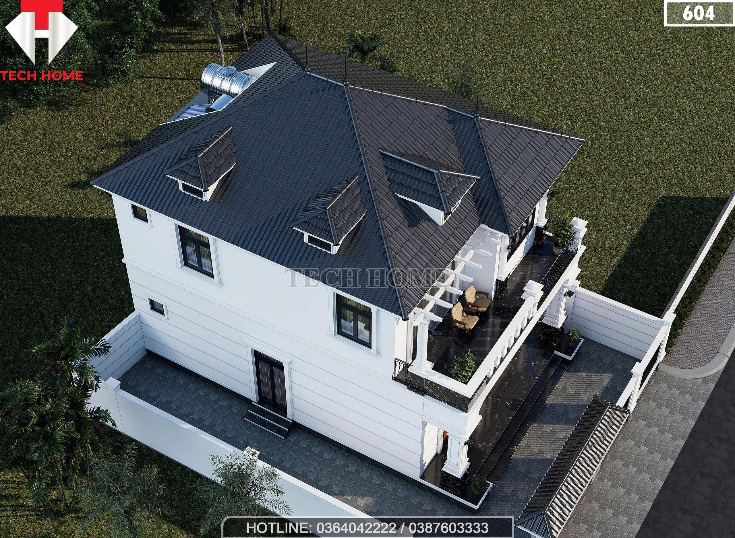 Tổng thể mẫu nhà 2 tầng mái Nhật lợp ngói màu xanh than sang trọng.