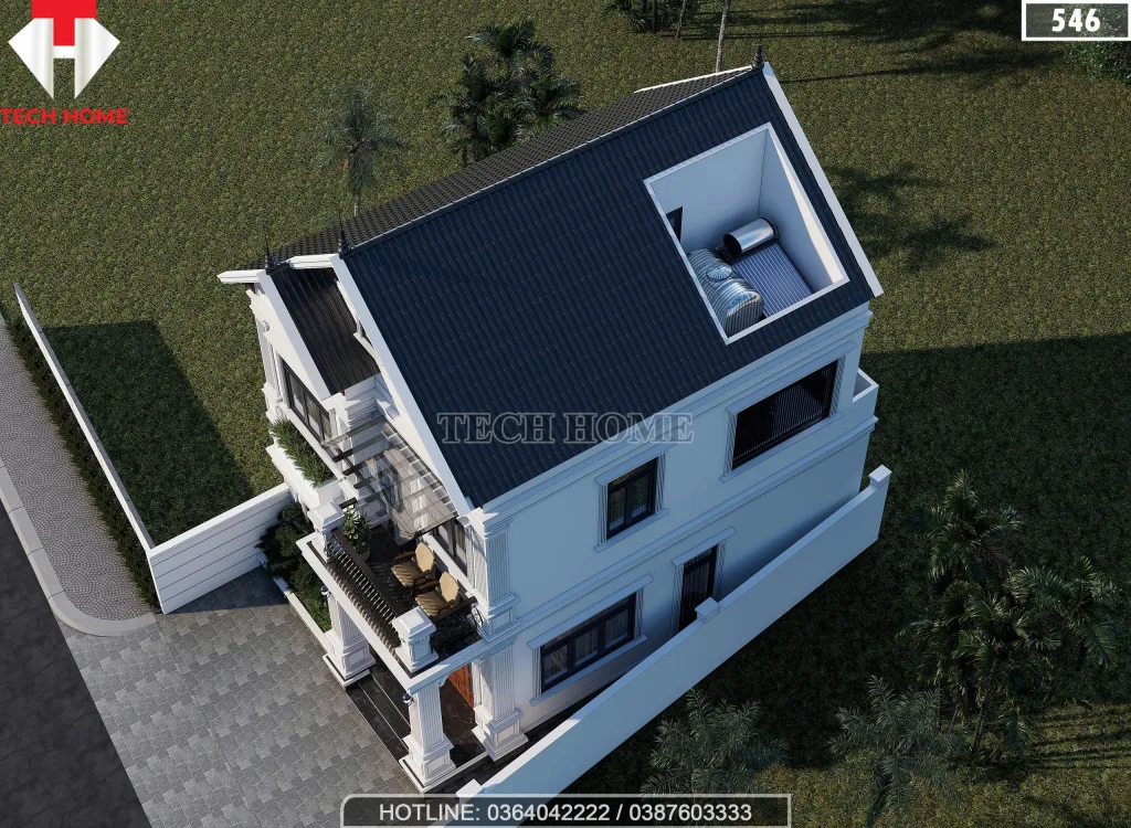 Tổng thể mẫu nhà 2 tầng mái Thái lợp ngói màu xanh than sang trọng nhìn từ trên cao.
