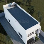 Tổng thể mẫu nhà 2 tầng đẹp sử dụng giải pháp mái tôn chống nóng ẩn sau tường thu hồi tiết kiệm chi phí.