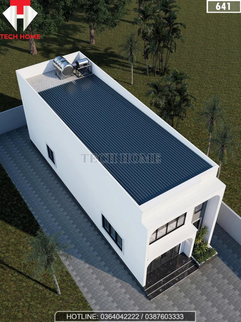 Tổng thể mẫu nhà 2 tầng đẹp sử dụng giải pháp mái tôn chống nóng ẩn sau tường thu hồi tiết kiệm chi phí.