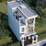 Tổng thể mẫu nhà 3 tầng đẹp mái bằng hiện đại kết hợp không gian xanh và giàn lam bê tông trên sân thượng.