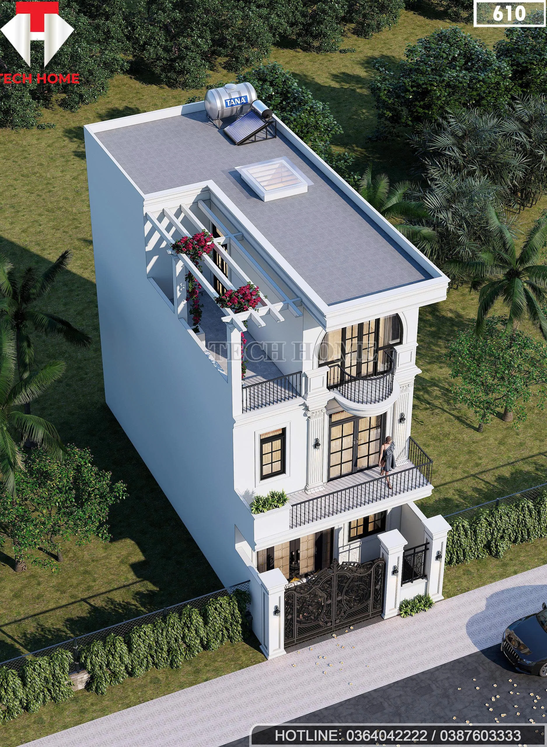 Tổng thể mẫu nhà 3 tầng đẹp mái bằng hiện đại kết hợp không gian xanh và giàn lam bê tông trên sân thượng.