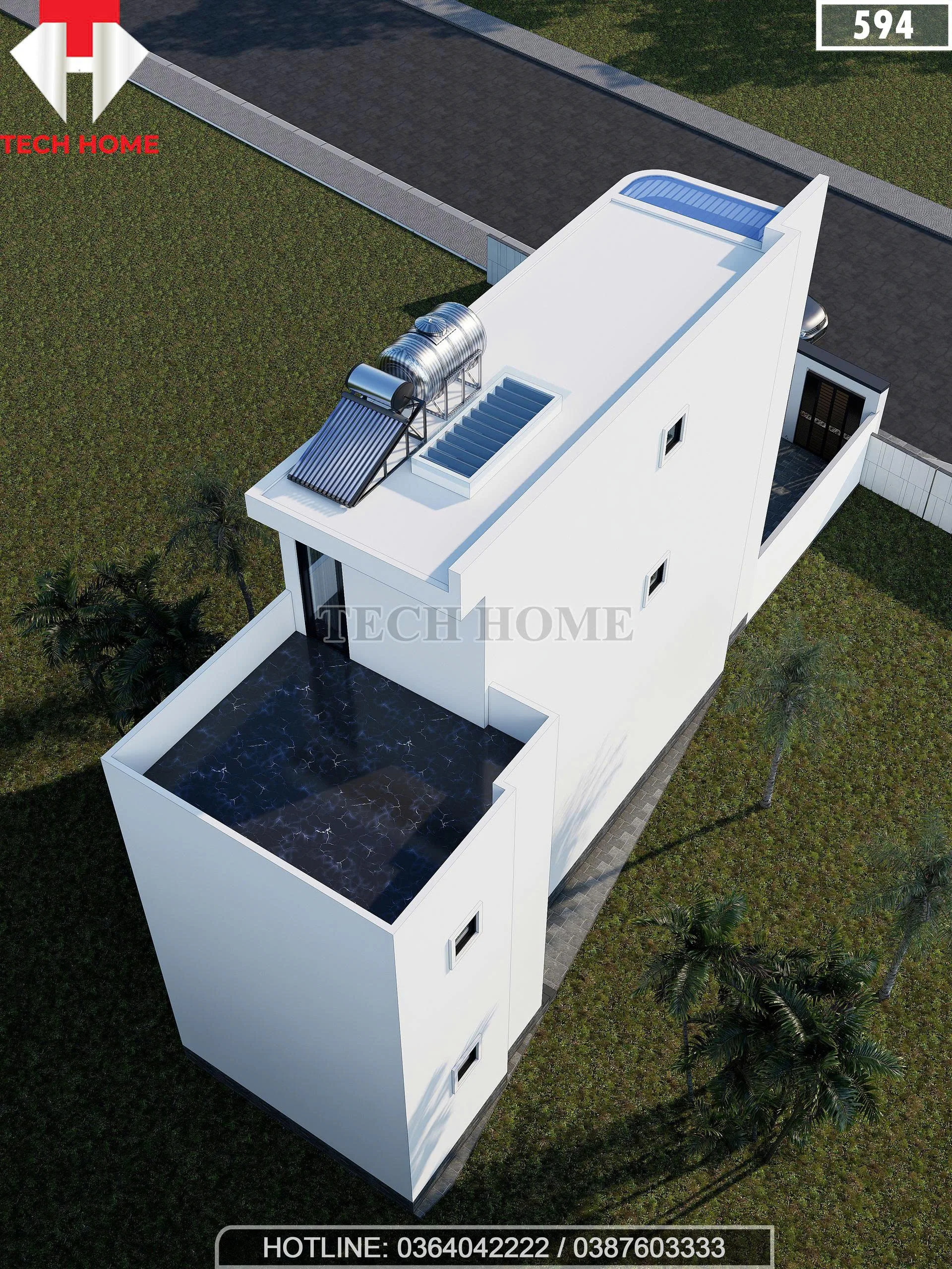 Tổng thể mẫu thiết kế nhà phố 3 tầng hiện đại mái bằng diện tích 175m2 nhìn từ trên cao.