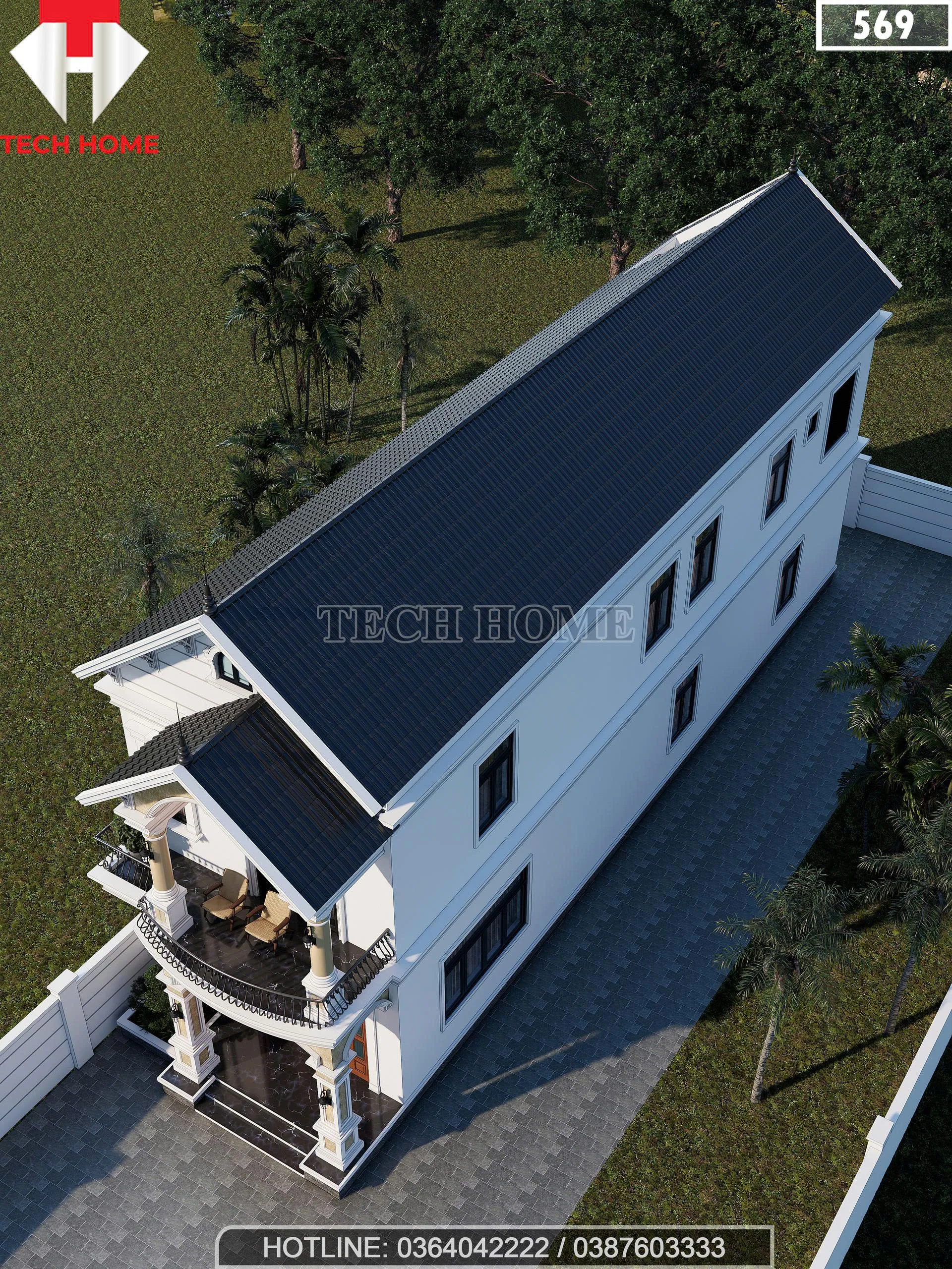 Tổng thể mẫu thiết kế nhà ống 2 tầng mái Thái lợp ngói màu xanh than sang trọng nhìn từ trên cao.