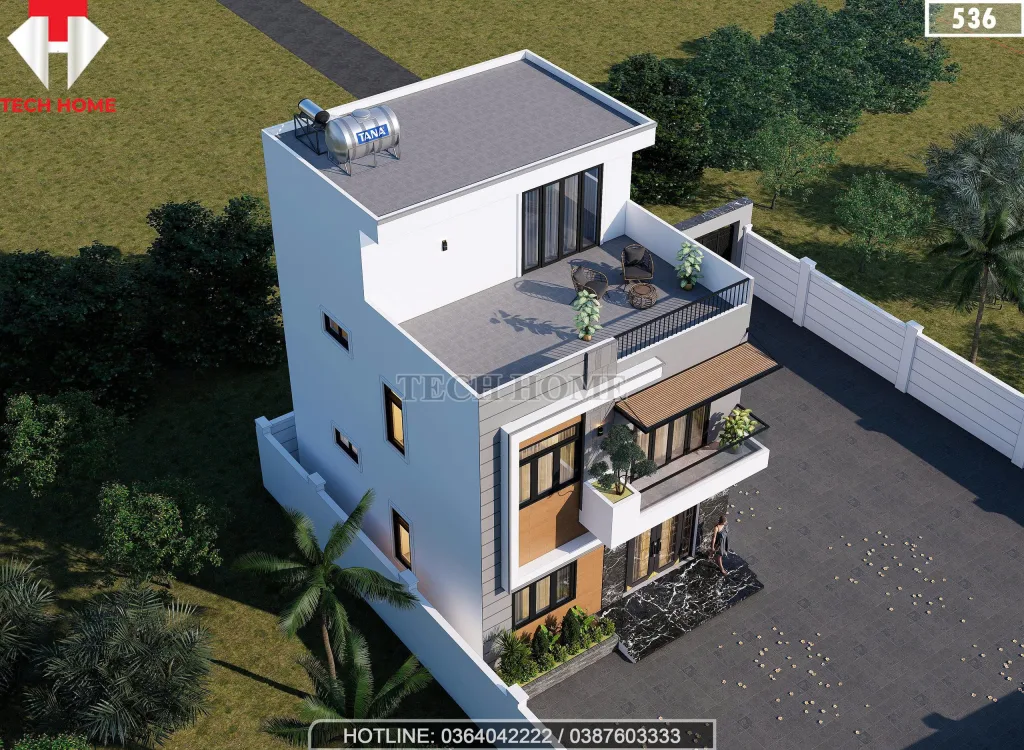 Tổng thể mẫu nhà 2 tầng 1 tum hiện đại mái bằng có sân chơi và ban công xanh mát.