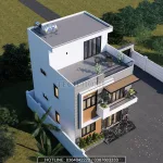 Tổng thể mẫu nhà 2 tầng 1 tum hiện đại mái bằng có sân chơi và ban công xanh mát.