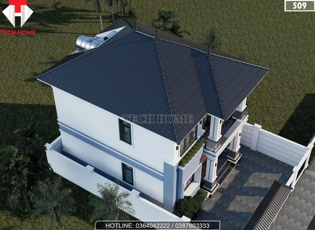 Tổng thể kiến trúc mẫu nhà 2 tầng mái Nhật lợp ngói màu xanh ghi nhìn từ trên cao xuống.