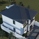 Tổng thể kiến trúc mẫu nhà 2 tầng mái Nhật lợp ngói màu xanh ghi nhìn từ trên cao xuống.