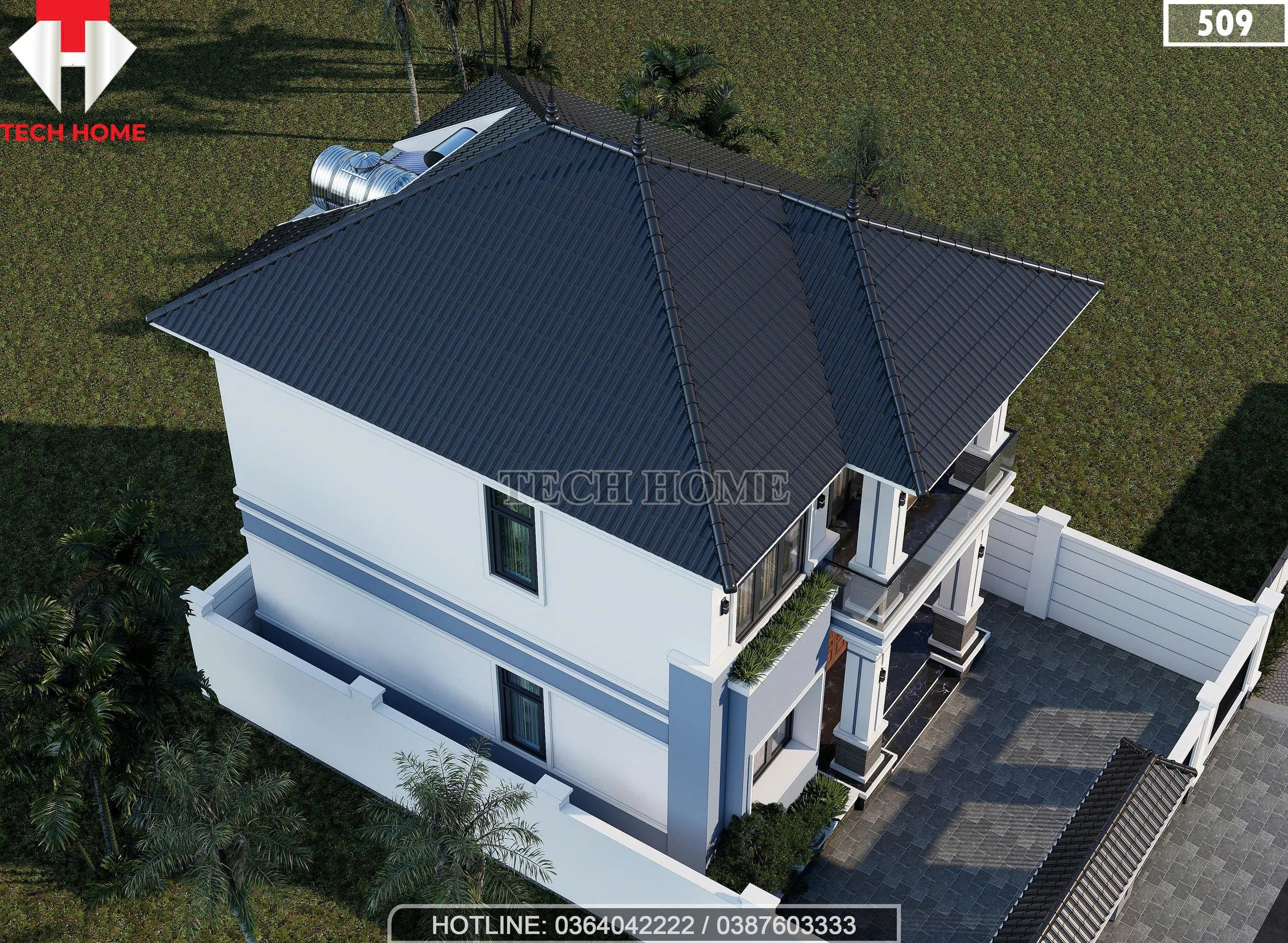 Tổng thể kiến trúc mẫu nhà 2 tầng mái Nhật lợp ngói màu xanh ghi nhìn từ trên cao xuống.