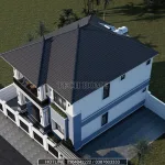 Tổng thể mẫu nhà 2 tầng mái Nhật lợp ngói màu xanh ghi sang trọng và bề thế.