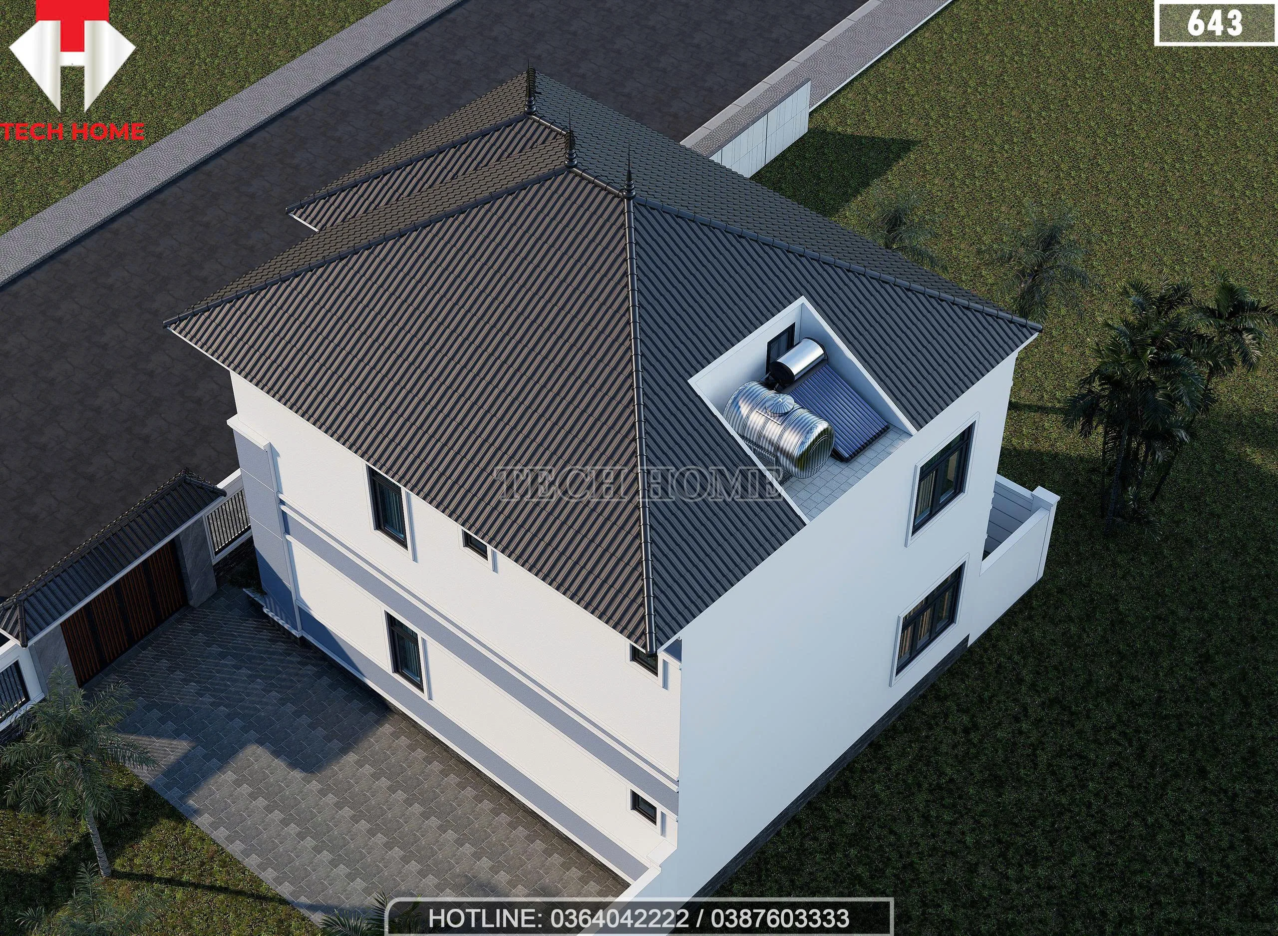 Tổng thể mặt sau mẫu nhà 2 tầng mái Nhật