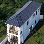 Góc nhìn tổng thể mẫu nhà 2 tầng mái Nhật tân cổ điển với hệ mái ngói xanh than bền đẹp.