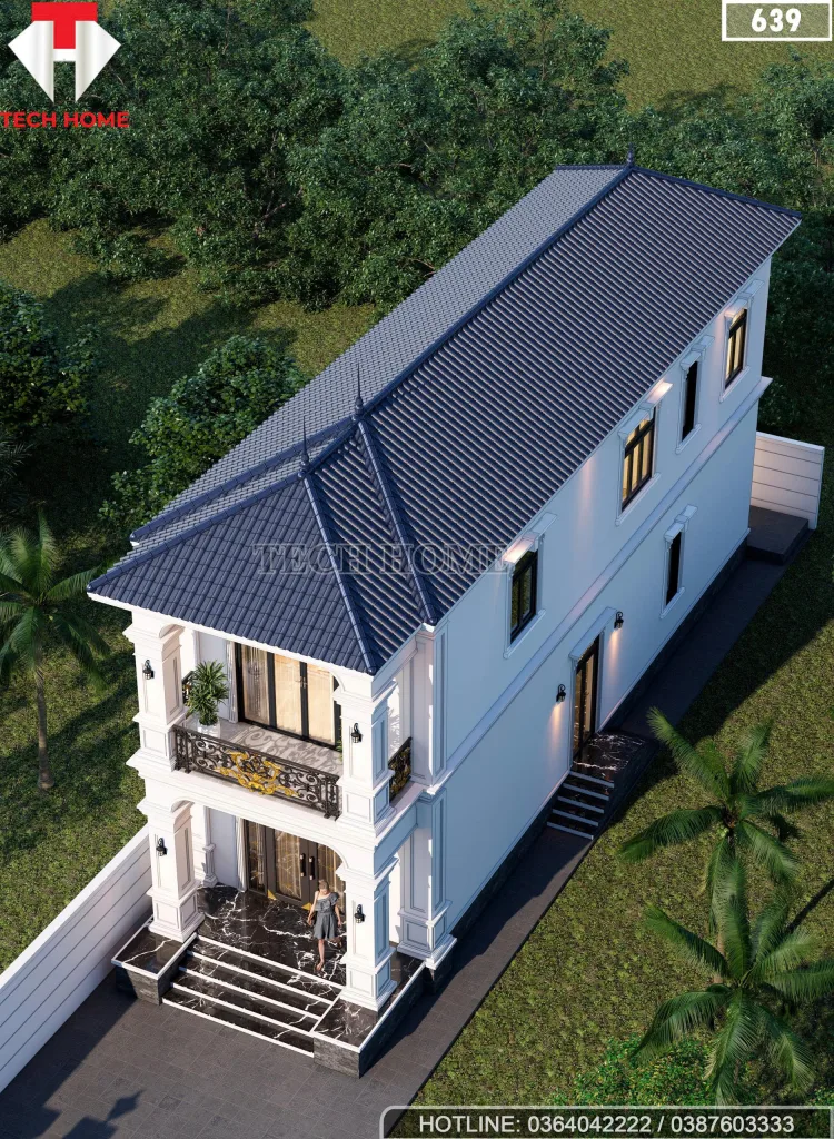 Góc nhìn tổng thể mẫu nhà 2 tầng mái Nhật tân cổ điển với hệ mái ngói xanh than bền đẹp.