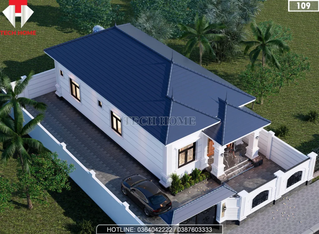 Tổng thể mẫu nhà cấp 4 mái Nhật lợp ngói màu xanh than đẹp mắt nhìn từ trên cao.