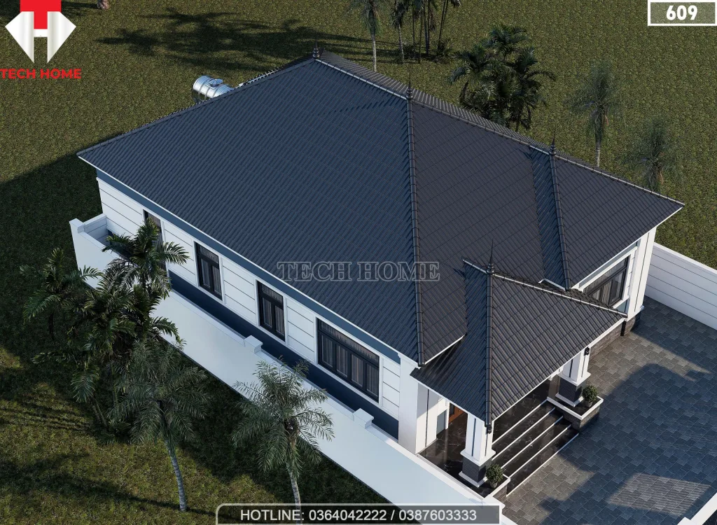 Tổng thể mẫu nhà cấp 4 mái Nhật lợp ngói màu xanh than sang trọng nhìn từ trên cao.