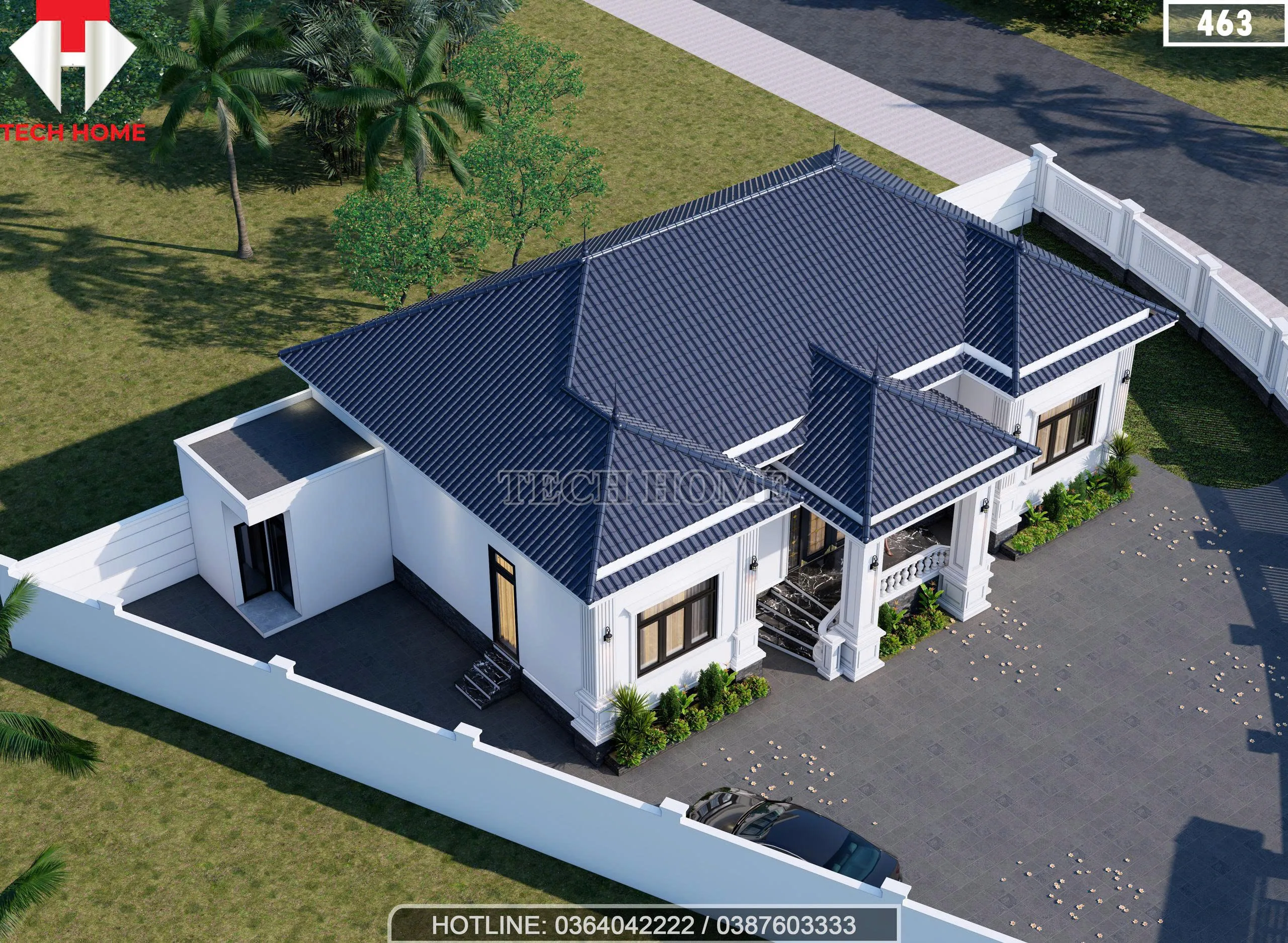 Tổng thể mẫu nhà mái Nhật 1 tầng 3 phòng ngủ 