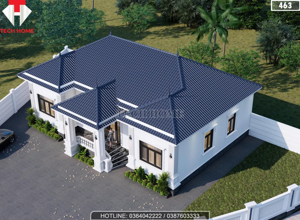 Tổng thể mẫu nhà mái Nhật 1 tầng 3 phòng ngủ diện tích 180m2 nhìn từ trên cao lợp ngói xanh than.