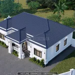 Tổng thể mẫu nhà mái Nhật 1 tầng 3 phòng ngủ diện tích 180m2 nhìn từ trên cao lợp ngói xanh than.