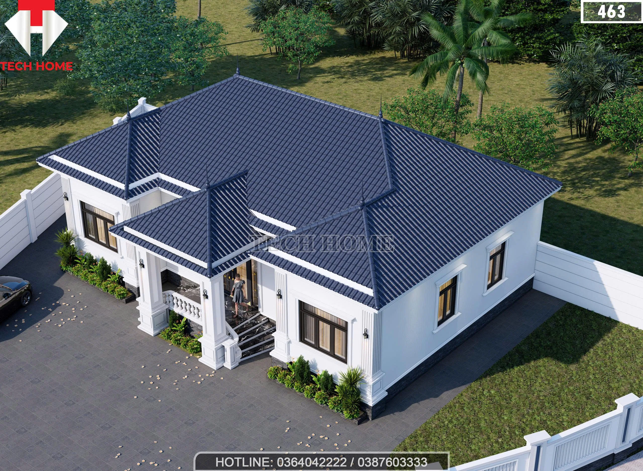 Tổng thể mẫu nhà mái Nhật 1 tầng 3 phòng ngủ diện tích 180m2 nhìn từ trên cao lợp ngói xanh than.