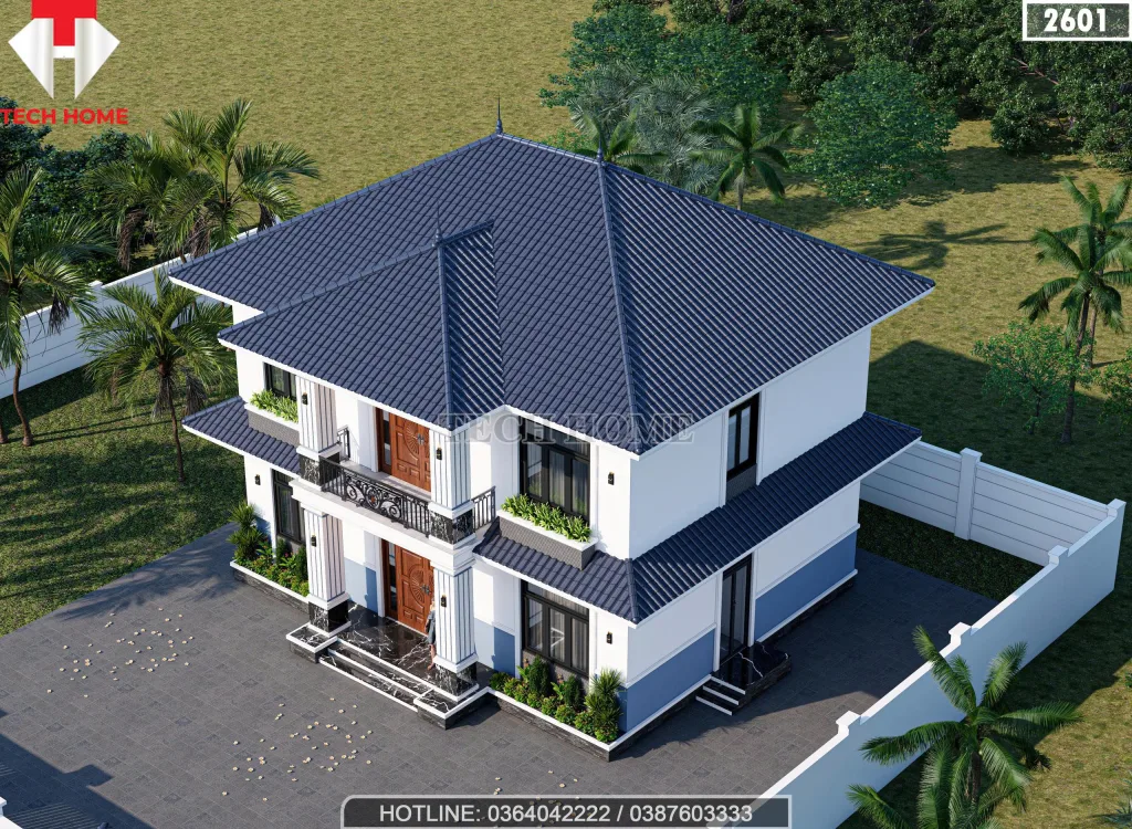 Tổng thể mẫu nhà mái Nhật 2 tầng lợp ngói màu xanh than (Blue) sang trọng nhìn từ trên cao xuống.