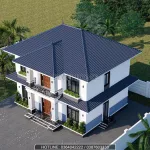Tổng thể mẫu nhà mái Nhật 2 tầng lợp ngói màu xanh than (Blue) sang trọng nhìn từ trên cao xuống.