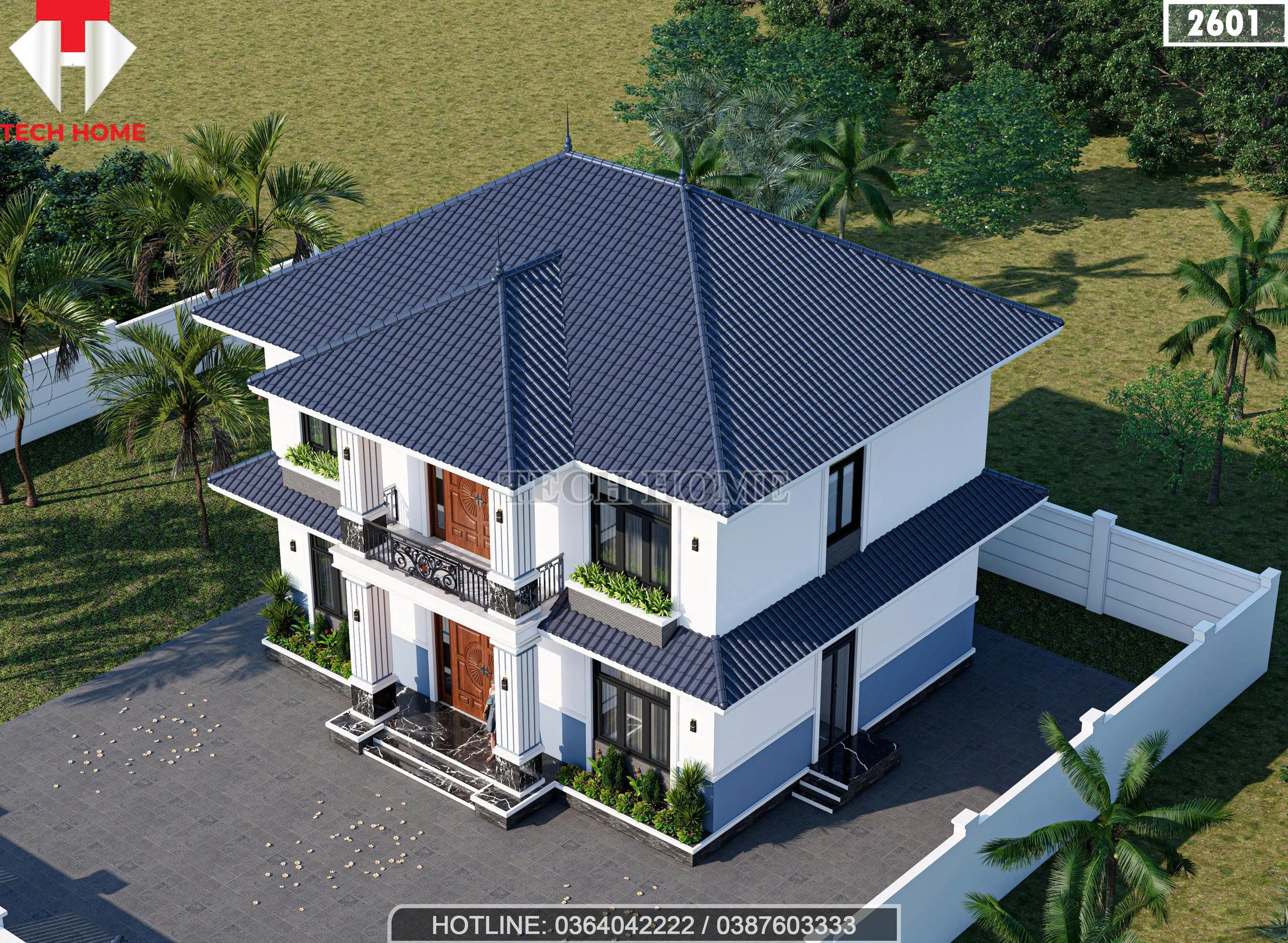 Tổng thể mẫu nhà mái Nhật 2 tầng lợp ngói màu xanh than (Blue) sang trọng nhìn từ trên cao xuống.