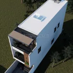 Tổng thể mẫu nhà ống 3 tầng mái bằng có bố trí giếng trời và hệ thống thái dương năng hiện đại.