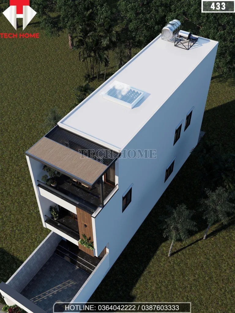 Tổng thể mẫu nhà ống 3 tầng mái bằng có bố trí giếng trời và hệ thống thái dương năng hiện đại.