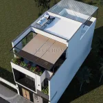 Tổng thể mẫu nhà phố 2 tầng 1 tum hiện đại có sân chơi và sân phơi rộng rãi trên tầng thượng.