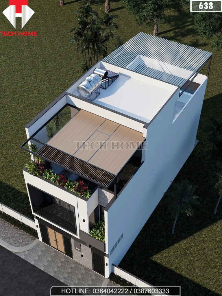 Tổng thể mẫu nhà phố 2 tầng 1 tum hiện đại có sân chơi và sân phơi rộng rãi trên tầng thượng.