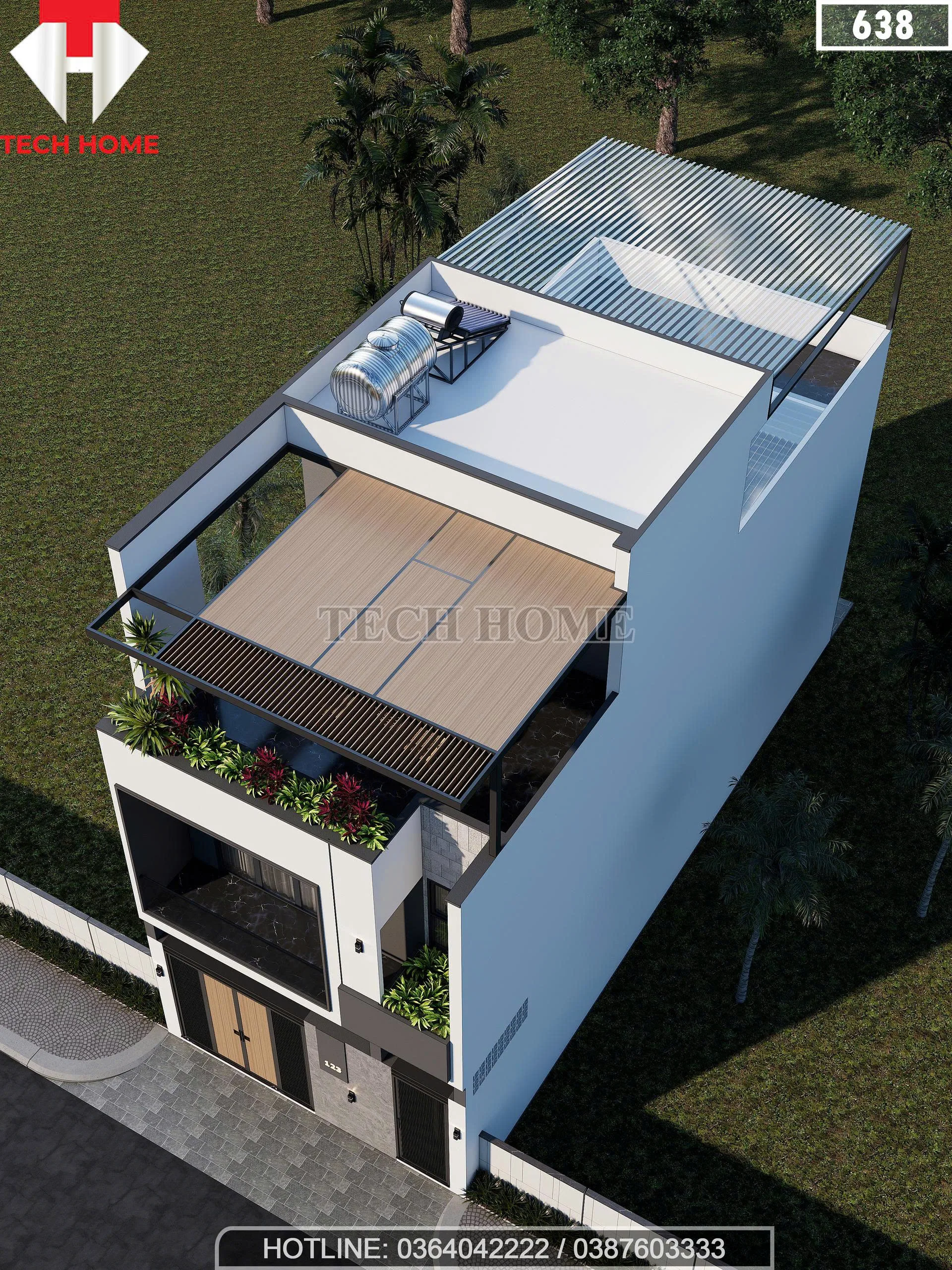 Tổng thể mẫu nhà phố 2 tầng 1 tum hiện đại có sân chơi và sân phơi rộng rãi trên tầng thượng.